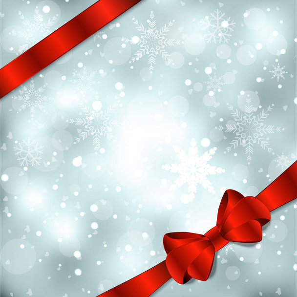 Elegant Christmas background with red bow, ribbon and snowflakes. Vector illustration - Vector, Image
