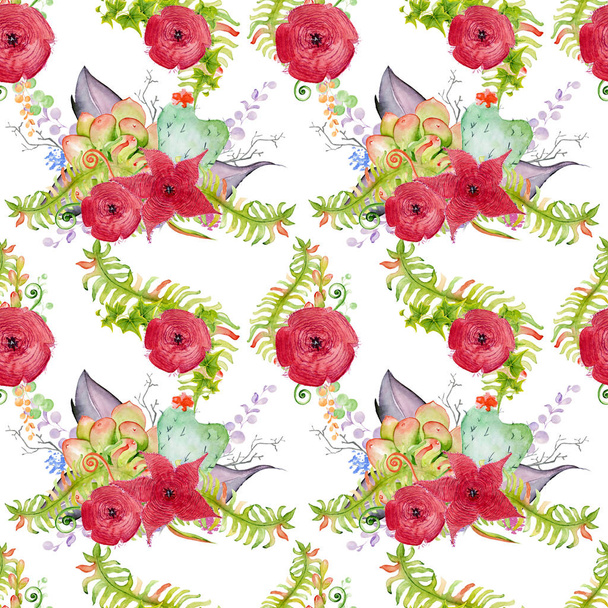Red watercolor flowers seamless pattern, floral print on the white background - Foto, Imagen