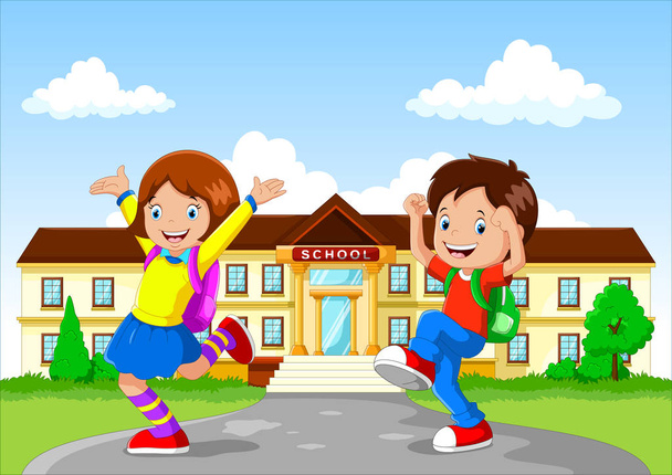 Happy school children with backpack on school building background  - Vector, Image