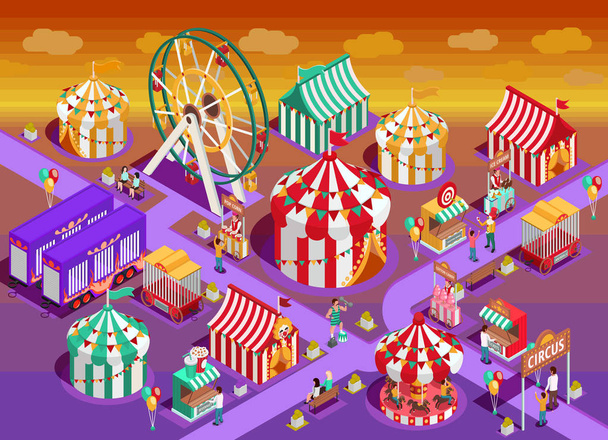 Parque de Atracciones Atracciones Circo Ilustración Isométrica
 - Vector, imagen
