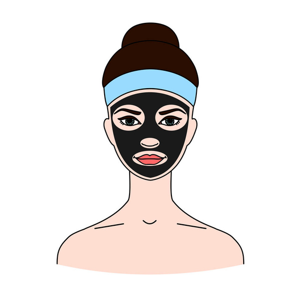 女性の顔の黒い化粧品マスク。美容トリートメント、スキンケアとクレンジングの概念. - ベクター画像