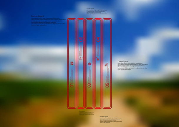 Ilustrace infografika šablona s bar vertikálně rozdělena do pěti červenými samostatné díly - Vektor, obrázek