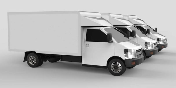 Három kis fehér teherautó... Autós futárszolgálat. Áruk és termékek eljuttatása kicsiben elad kivezetések. 3D-leképezés. - Fotó, kép