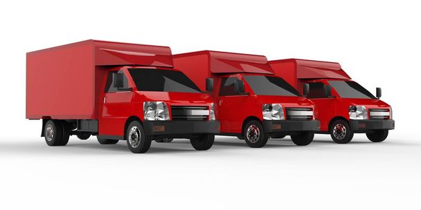 Drie kleine rode vrachtwagen... Auto verzendingsdienst. Levering van goederen en producten aan detailhandel. 3D-rendering. - Foto, afbeelding