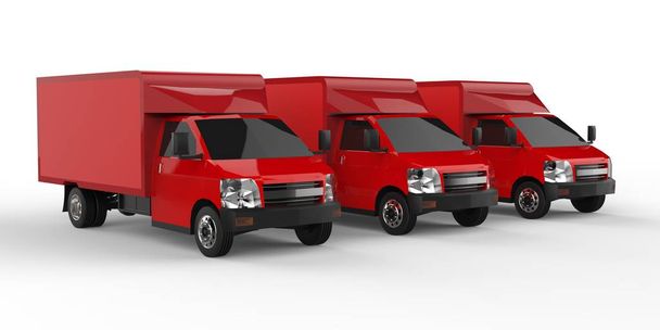 Trois petits camions rouges... Service de livraison de voiture. Livraison de marchandises et de produits aux points de vente au détail. Rendu 3d
. - Photo, image