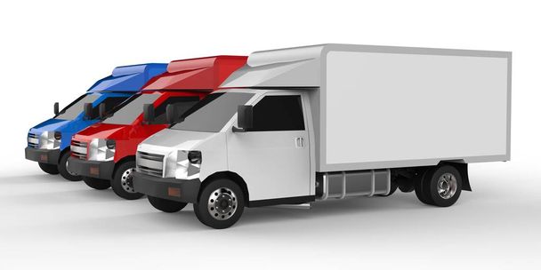 Kleine vrachtwagen van wit, rood en blauw. Auto verzendingsdienst. Levering van goederen en producten aan detailhandel. 3D-rendering. - Foto, afbeelding