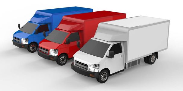 Mały biały, czerwony, niebieski samochód ciężarowy. Dostawa samochodu. Dostawy towarów i produktów do sprzedaży detalicznej. renderowania 3D. - Zdjęcie, obraz