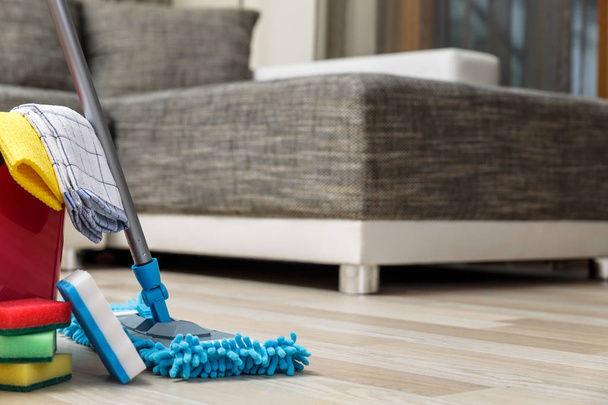Cleaning service. Sponges, mopping stick. - 写真・画像