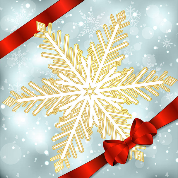Elegant Christmas background with red bow and snowflakes. Vector illustration - Vector, Image