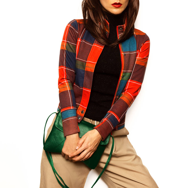 Brunette girl outfit Stylish Accessory Bag - 写真・画像