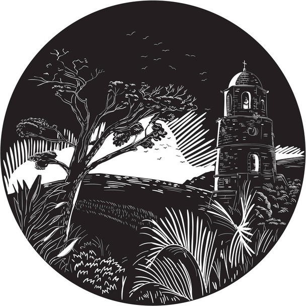 Belfry Tower On Hill Trees Circle Woodcut - Vector, Image