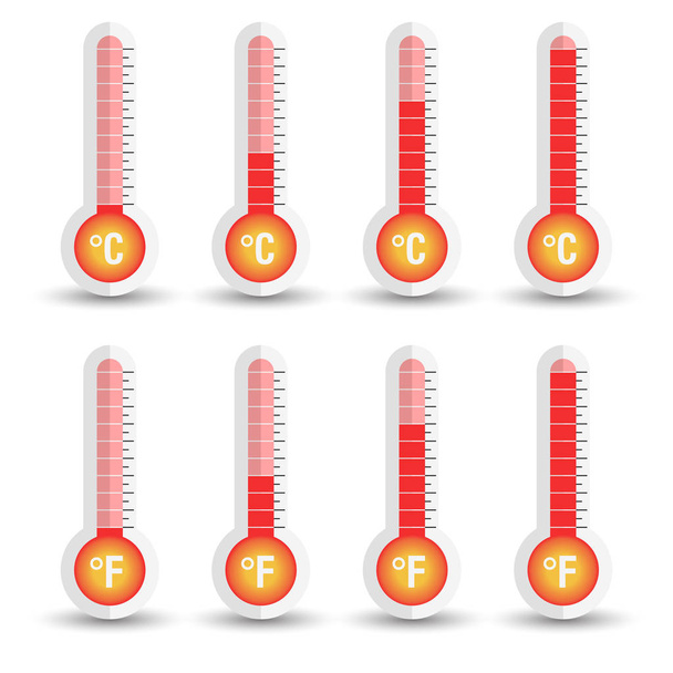 Stupních Celsia a Fahrenheita teploměry ikona s různými úrovněmi. Plochá vektorové ilustrace izolované na bílém pozadí. - Vektor, obrázek