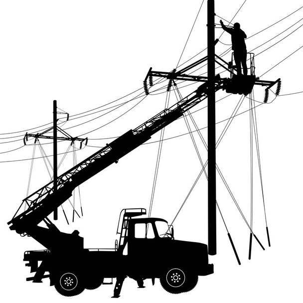 Electricista, haciendo reparaciones en un poste de energía. Ilustración vectorial - Vector, Imagen