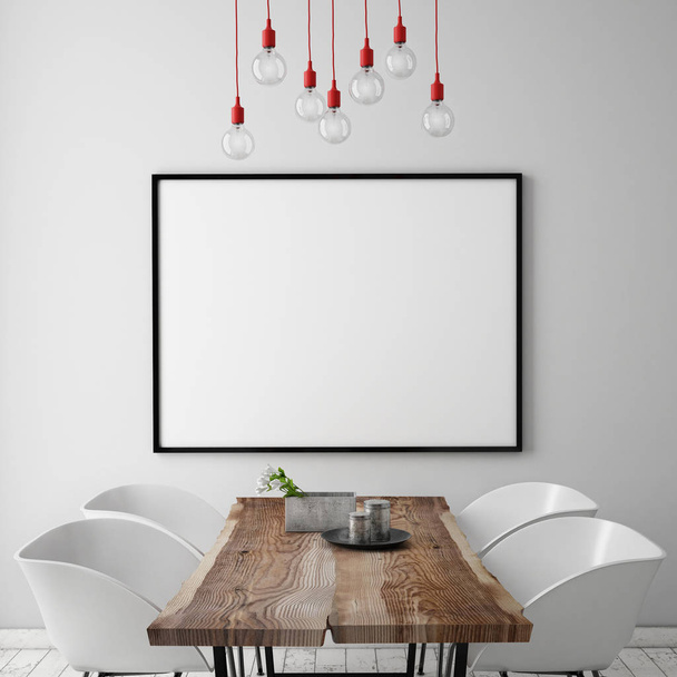 mock up quadro de cartaz na sala de jantar branco escandinavo, fundo interior
 - Foto, Imagem