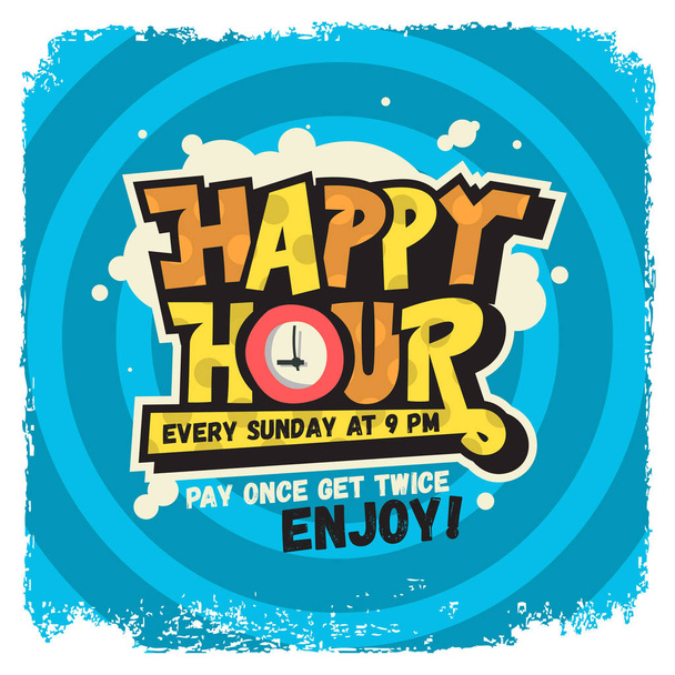 Happy Hour ετικέτα σύμβολο σχεδιασμού αστεία δροσερό κόμικ γράμματα γκράφιτι - Διάνυσμα, εικόνα