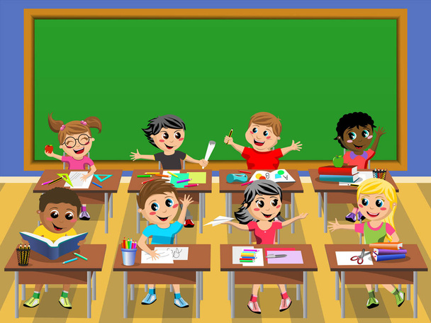 Happy kids children desk school blank blackboard - Vector, Image