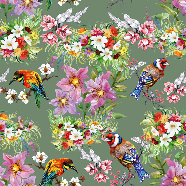 Pattern with flowers and birds  - Zdjęcie, obraz