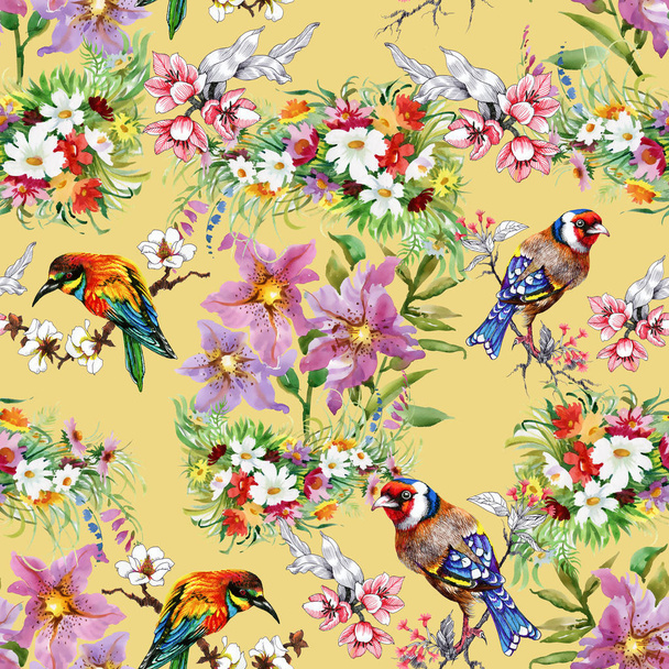 Pattern with flowers and birds  - Zdjęcie, obraz