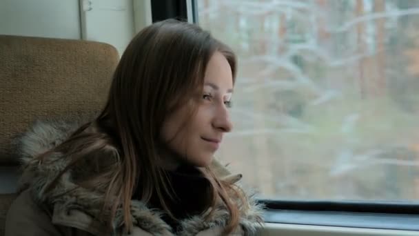 nachdenkliche Frau entspannt sich und schaut aus dem Zugfenster - Filmmaterial, Video