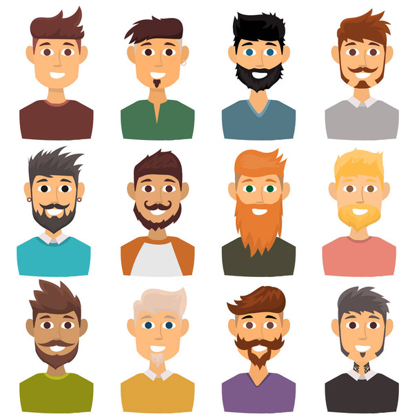 Businessman character of various expressions bearded man face avatar and fashion hipster hairstyle head person with mustache vector illustration. - Vector, Image