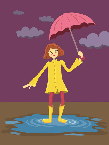 Curly Girl com guarda-chuva no jardim nublado
 - Vetor, Imagem