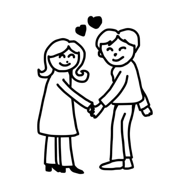 pareja joven en el amor de la mano con el corazón en el medio - ilustración vector garabato mano dibujada, aislado sobre fondo blanco
 - Vector, imagen