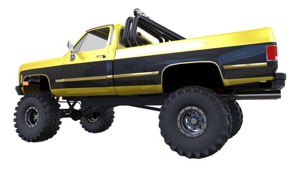 large pickup truck off-road. Full - training. Highly raised suspension. Huge wheels with spikes for rocks and mud. 3d illustration. - Photo, Image