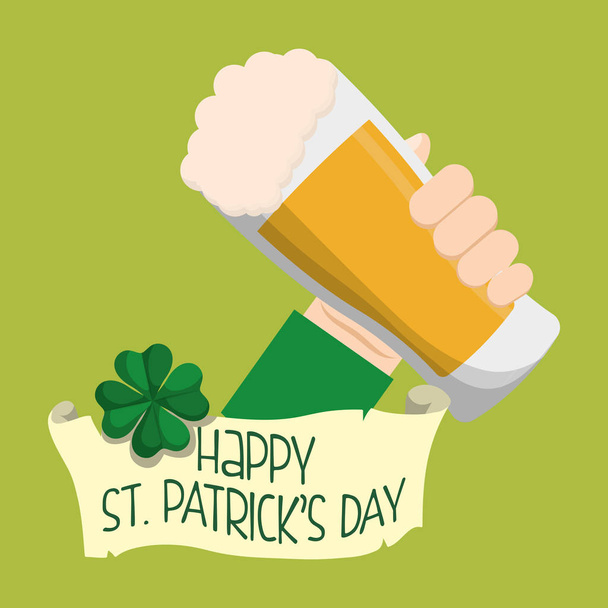 happy st patricks day hand holding glass beer clover - Vector, afbeelding