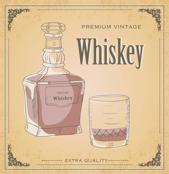 Vector illustration of Whiskey bottle and glass. Words premium vintage whiskey and extra quality. Ornament. Retro and vintage. - Vector, Image