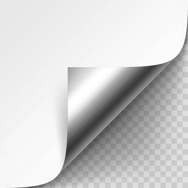 Vector Curled Silver Metalic Corner of White Paper with Shadow Mock up Isolated on Transparent Background - Vector, Image