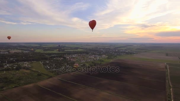 フィールド上空の熱気球。航空写真ビュー - 映像、動画