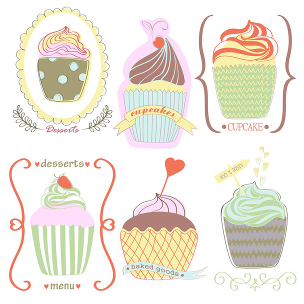 Sweet cupcakes vector set. Cartoon tasty cupcakes in pastel colo - Vektor, kép