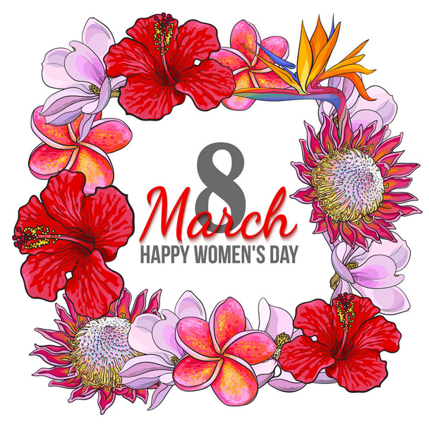 Womens day, 8 March greeting card design with tropical flowers - Vector, afbeelding