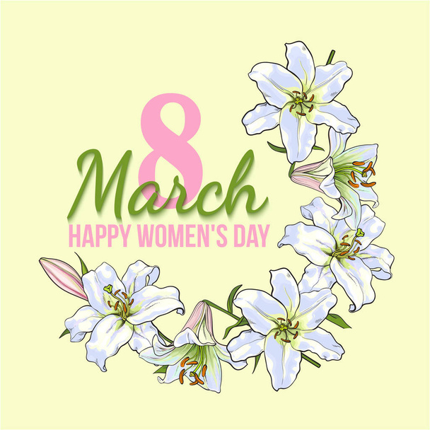 Womens day, 8 March greeting card design with white flowers - Vektori, kuva