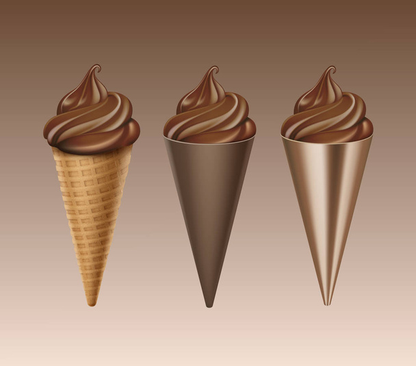 σύνολο σοκολάτα μαλακά εξυπηρετούν παγωτό φλυαρώ κώνου απομονωμένες - Διάνυσμα, εικόνα