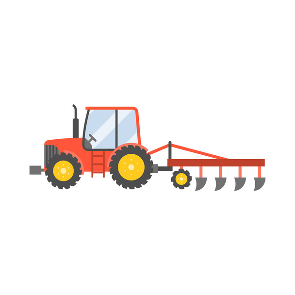 czerwony Traktor z plugiem do sadzenia roślin na białym tle na białym tle, Płaska konstrukcja ilustracja wektorowa - Wektor, obraz