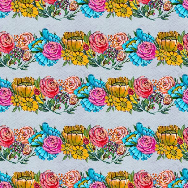 Seamless pattern with blue yellow and pink flowers - Foto, imagen
