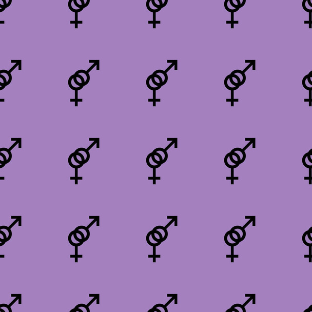 シームレス パターン。男性と女性のロマンチックなコレクション。女性と男性の黒の小さな標識、同じサイズです。紫の背景に模様。ベクトル図 - ベクター画像