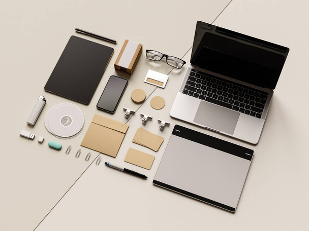 Corporate Identity. Branding Mock Up. Office supplies, Gadgets. 3D illustration - Valokuva, kuva