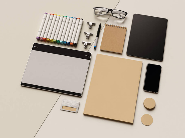Corporate Identity. Branding Mock Up. Office supplies, Gadgets. 3D illustration. 3D illustration - Foto, Bild