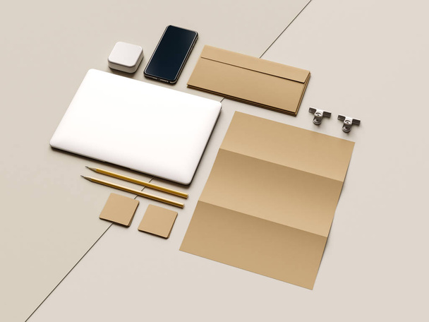 Corporate Identity. Branding Mock Up. Office supplies, Gadgets. 3D illustration - Fotoğraf, Görsel