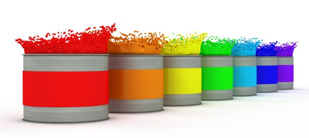 Offene Farbdosen mit Farbspritzern in Regenbogenfarben. - Foto, Bild