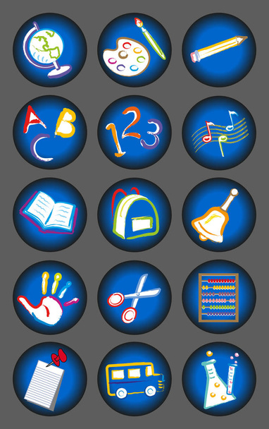 Tisk barevných tlačítek známky ikony komunikace školy - Vektor, obrázek
