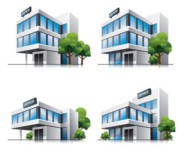 Cuatro edificios de oficinas de dibujos animados con árboles
. - Vector, Imagen
