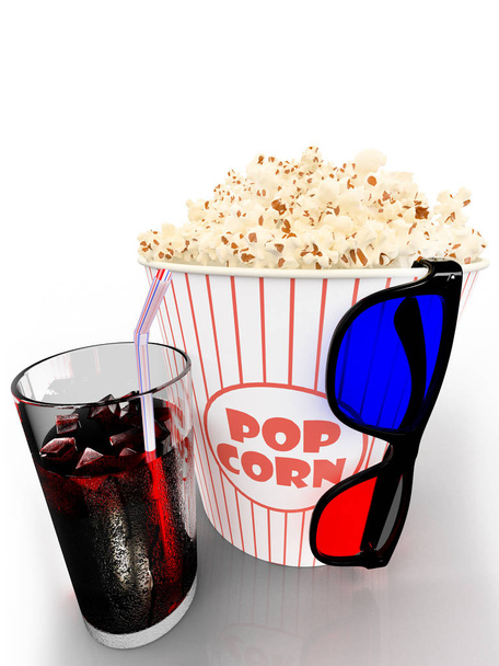 Popcorn a rychlé občerstvení nápoje. 3drendering - Fotografie, Obrázek