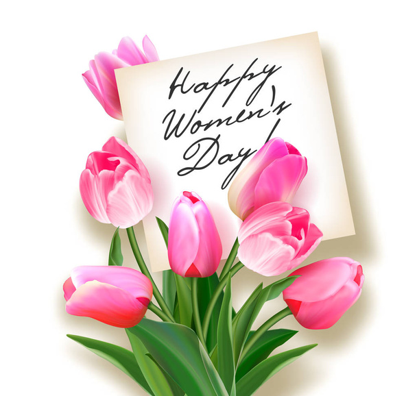 Bouquet of pink tulips with a note inside. Greeting card to Womens Day. - Vektor, Bild