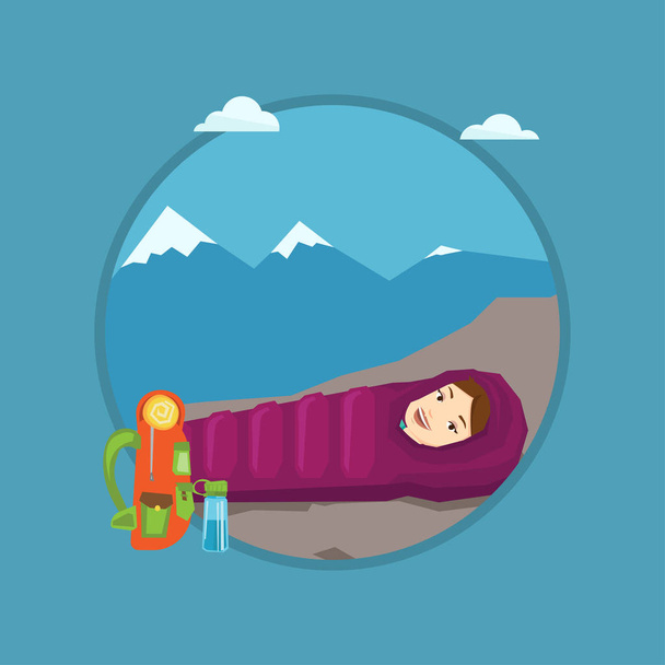 Woman resting in sleeping bag in the mountains. - Vector, Image