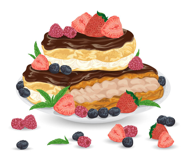 Set of eclairs on plate with praline and cocoa cream in chocolate glaze. French pastries with strawberry, raspberry, blueberry and mint leaves. Isolated elements. Hand drawn vector illustration. - Vector, Image