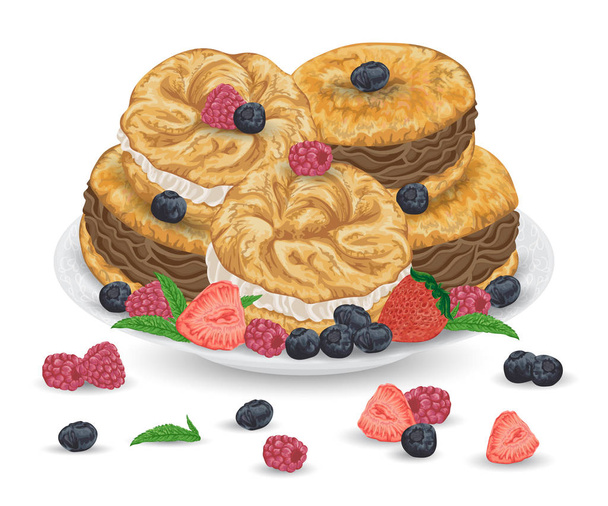 Paris brest cakes with praline and chocolate cream on plate with berries. French pastries with strawberry, raspberry, blueberry and mint leaves. Isolated elements. Hand drawn vector illustration. - Vector, Image