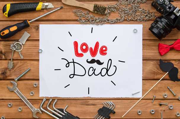 Father's Day flat lay mock up template with hand drawn greeting and tools - Φωτογραφία, εικόνα